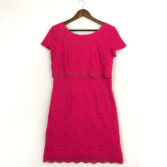 Laundry by Shelli Segal Women's Size 8 Hot Pink Floral Lace Short Sleeve Dress - Picture 1 of 13